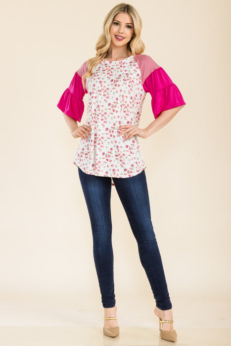 Women's Trendy Tops Floral Contrast Bell Sleeve Top