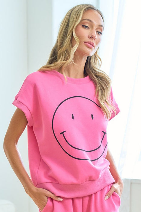 Women's Fashion Tops 2024 Smile Face Drop Shoulder Brushed Inside T-Shirt