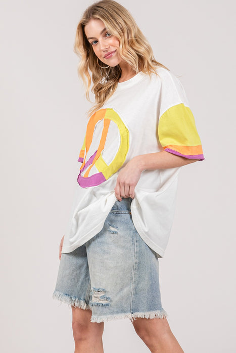 Women's Fashion Tops 2024 Color Block Peace Applique T-Shirt