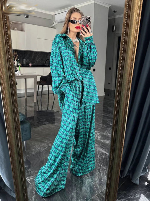 Print 2 Piece Sets Women Outfit Elegant Long Sleeve Shirt With High Waist Wide Pants Set Work Streetwear