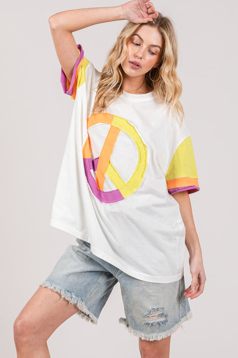 Women's Fashion Tops 2024 Color Block Peace Applique T-Shirt