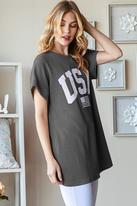 Women's Fashion Tops 2024 USA Graphic Short Sleeve Ribbed Top