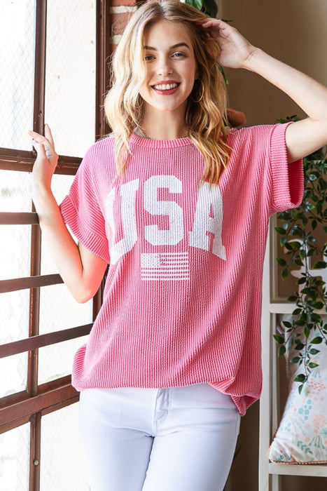 Women's Fashion Tops 2024 USA Graphic Short Sleeve Ribbed Top