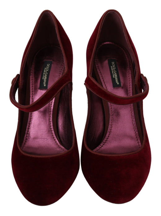 Dolce & Gabbana Red Velvet Crystal-Embellished Mary Janes Heels