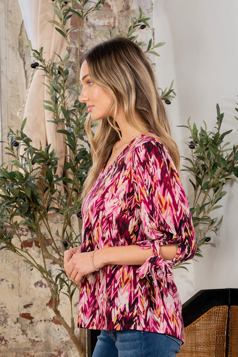 Women's Fashion Tops 2024 Printed V-Neck Blouse with Sleeve Knot