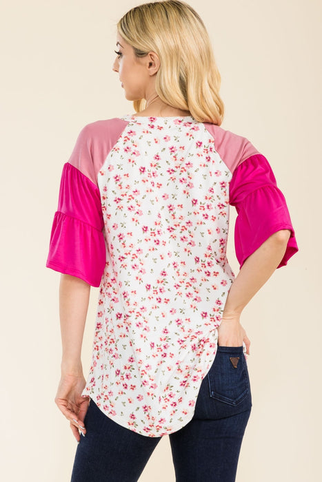 Women's Trendy Tops Floral Contrast Bell Sleeve Top