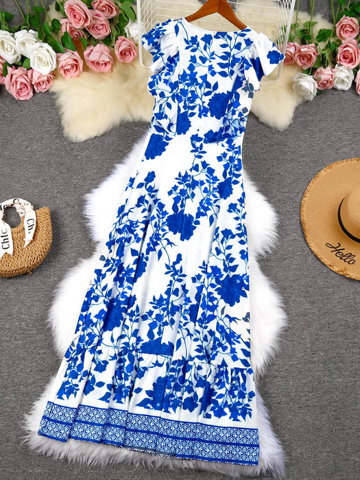 Blue Floral Print White Dresses Women Lace Hollow Out Long Dress Holiady Summer Bodycon Elegant Ruffles