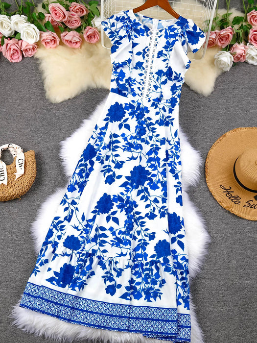 Blue Floral Print White Dresses Women Lace Hollow Out Long Dress Holiady Summer Bodycon Elegant Ruffles