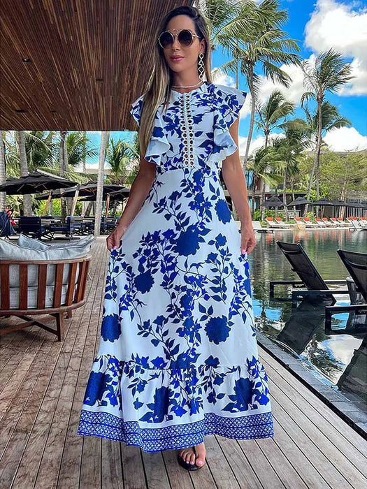 Blue Floral Print White Dresses Women Lace Hollow Out Long Dress Holiady Summer Bodycon Elegant Ruffles