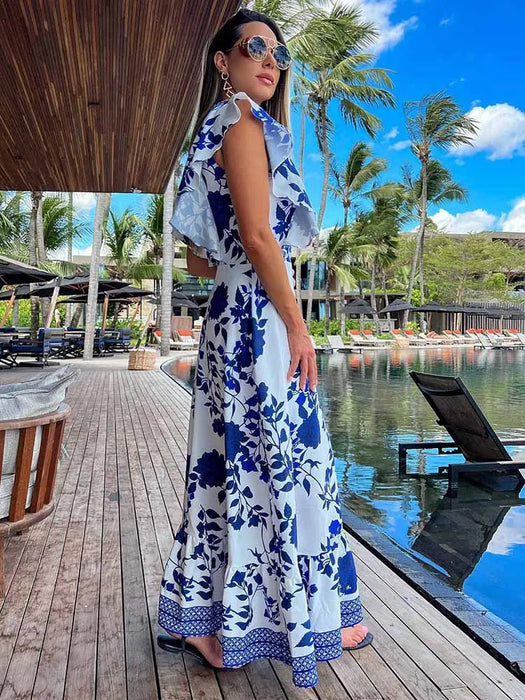 Blue Floral Print White Dresses Women Lace Hollow Out Long Dress Holiady Summer Bodycon Elegant Ruffles