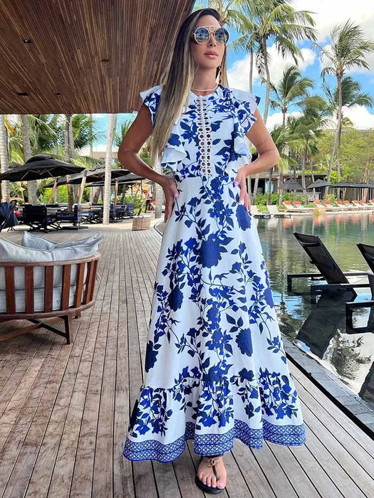 Blue Floral Print White Dresses Women Lace Hollow Out Long Dress Holiady Summer Bodycon Elegant Ruffles