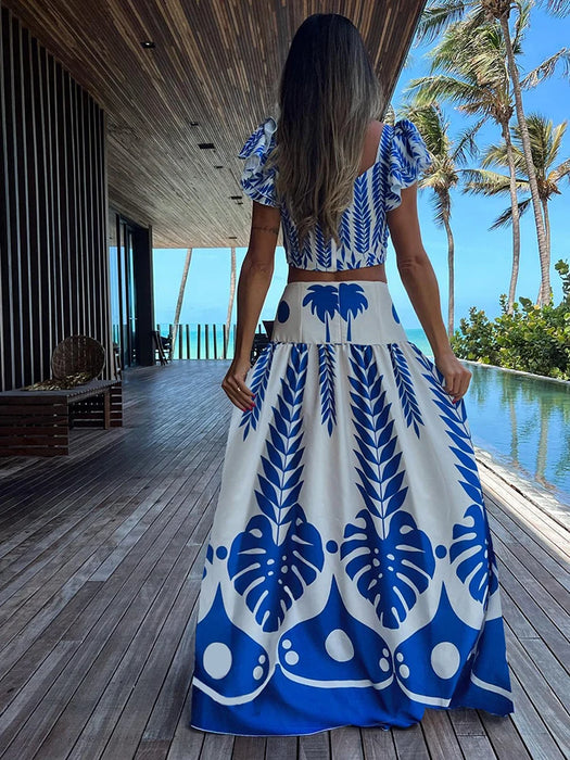 Women Two Pieces Beachwear Elegant Ruffles Sleeve Beach Dresses Leaf Print White Long Dress High Waist