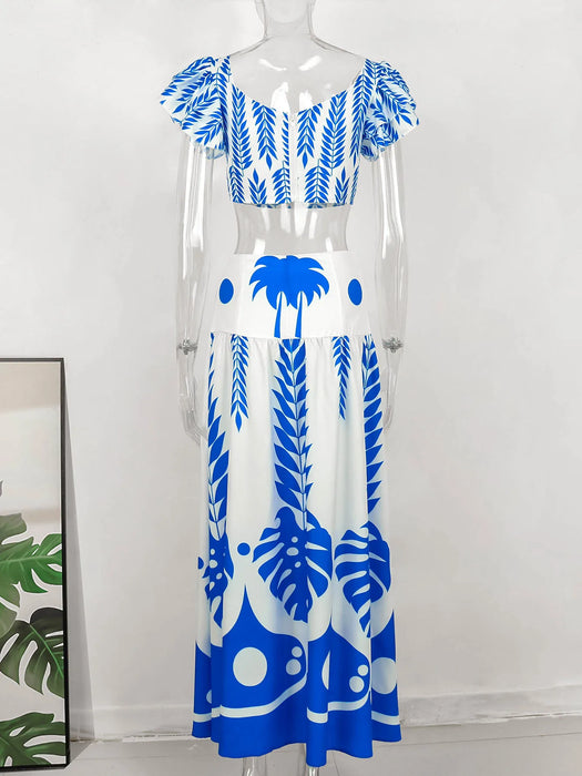 Women Two Pieces Beachwear Elegant Ruffles Sleeve Beach Dresses Leaf Print White Long Dress High Waist