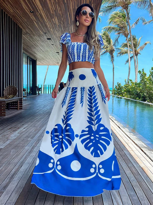 Women Two Pieces Beachwear Elegant Ruffles Sleeve Beach Dresses Leaf Print White Long Dress High Waist