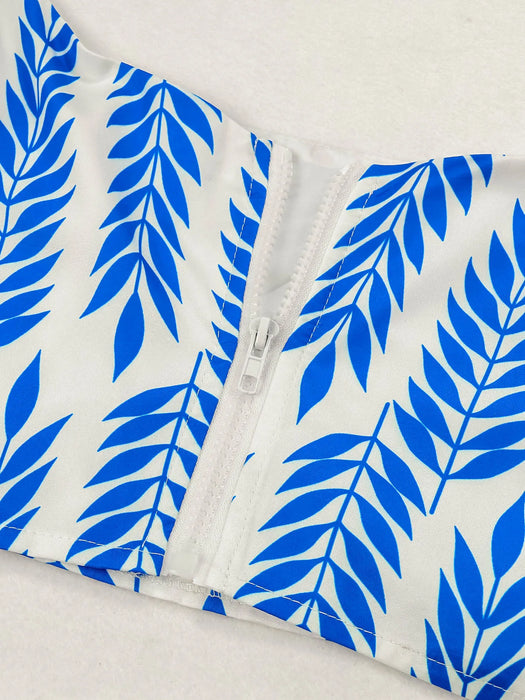 Women Two Pieces Beachwear Elegant Ruffles Sleeve Beach Dresses Leaf Print White Long Dress High Waist