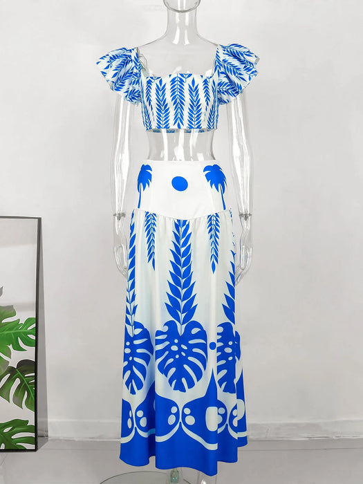 Women Two Pieces Beachwear Elegant Ruffles Sleeve Beach Dresses Leaf Print White Long Dress High Waist