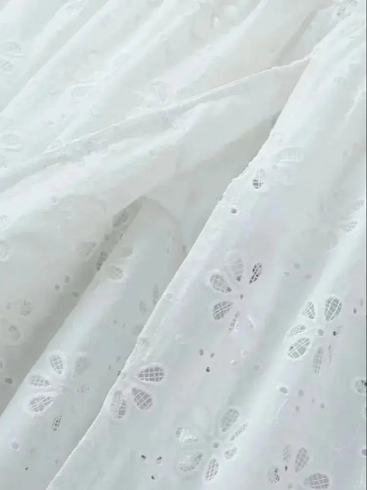 Embroidered Long Dress White Women Dress Ruffle Cotton Eyelet Hollow Out Dress Summer Beach Female