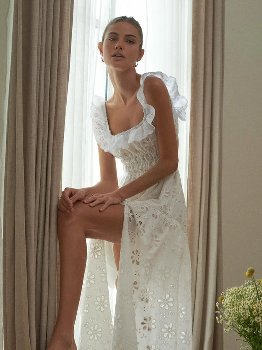 Embroidered Long Dress White Women Dress Ruffle Cotton Eyelet Hollow Out Dress Summer Beach Female