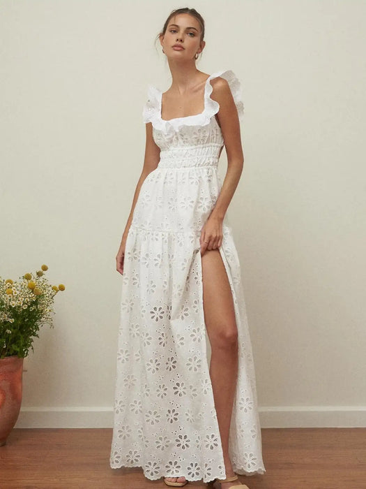 Embroidered Long Dress White Women Dress Ruffle Cotton Eyelet Hollow Out Dress Summer Beach Female