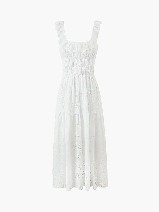 Embroidered Long Dress White Women Dress Ruffle Cotton Eyelet Hollow Out Dress Summer Beach Female