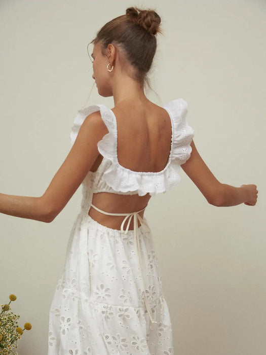 Embroidered Long Dress White Women Dress Ruffle Cotton Eyelet Hollow Out Dress Summer Beach Female