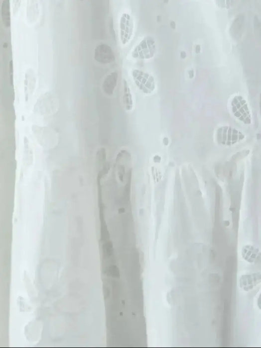 Embroidered Long Dress White Women Dress Ruffle Cotton Eyelet Hollow Out Dress Summer Beach Female