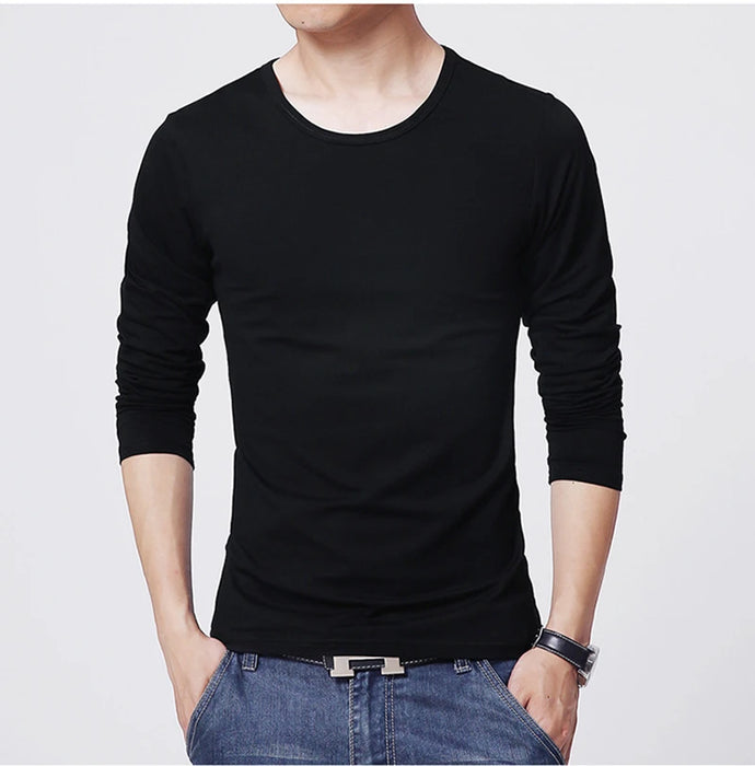 Men's T-Shirts Long Sleeve Slim Men T-Shirt Young Man Pure Color Tops Tees Shirt O-Neck For Male Boys Tshirt