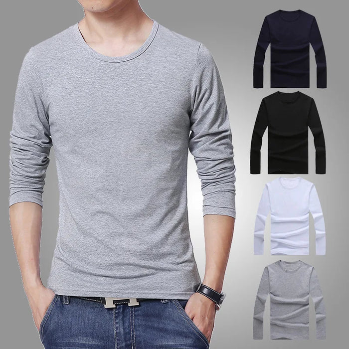 Men's T-Shirts Long Sleeve Slim Men T-Shirt Young Man Pure Color Tops Tees Shirt O-Neck For Male Boys Tshirt