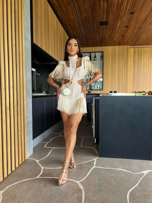 Sexy Women Black Leopard Tassel Mini Dresses Sleeveless Naked Waist Dress Summer Party Evening dress for women