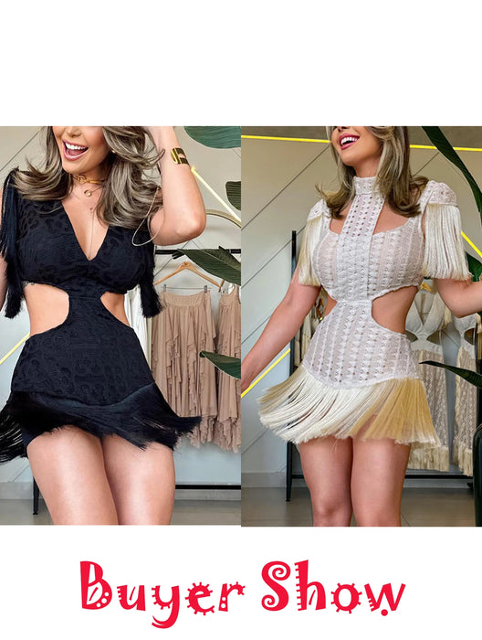 Sexy Women Black Leopard Tassel Mini Dresses Sleeveless Naked Waist Dress Summer Party Evening dress for women