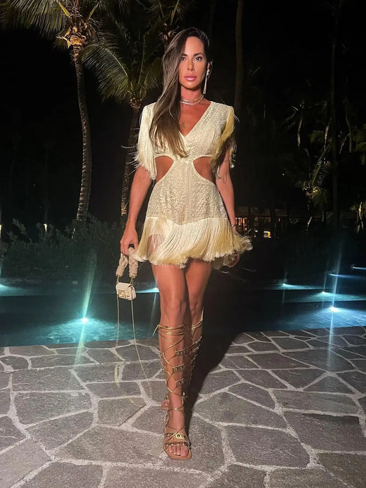 Sexy Women Black Leopard Tassel Mini Dresses Sleeveless Naked Waist Dress Summer Party Evening dress for women