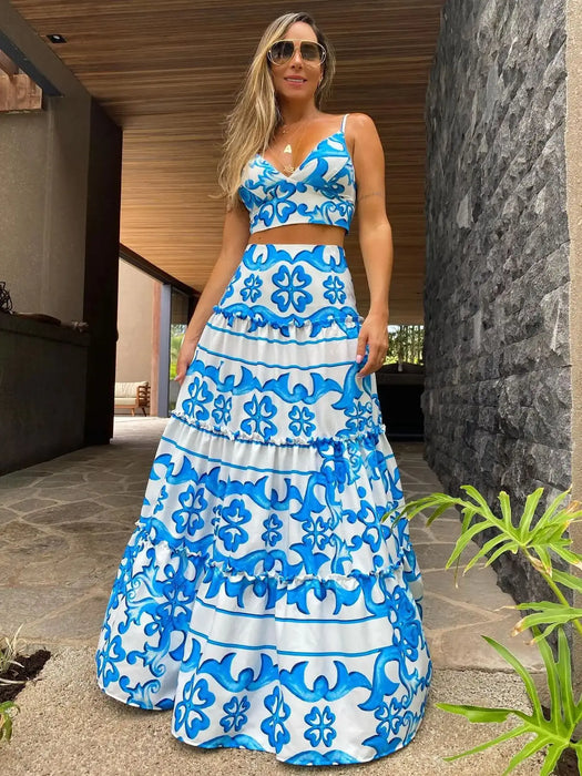 New Women Two-piece Skirt Suit Straps Tube Top Skirt Printed Naked Waist Chic Beach Dance Robe