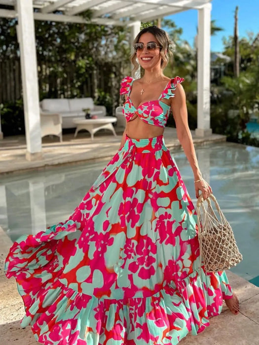 New Women Two-piece Skirt Suit Straps Tube Top Skirt Printed Naked Waist Chic Beach Dance Robe