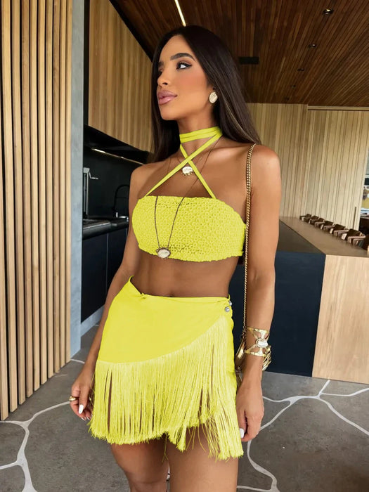 Sexy Tassel Women Two Piece Skirt Halter Lace Bra Tassel Mini Skirt Suit Beach Vacation Casual Female Bathing Suit Summer
