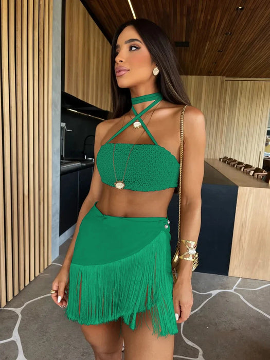 Sexy Tassel Women Two Piece Skirt Halter Lace Bra Tassel Mini Skirt Suit Beach Vacation Casual Female Bathing Suit Summer