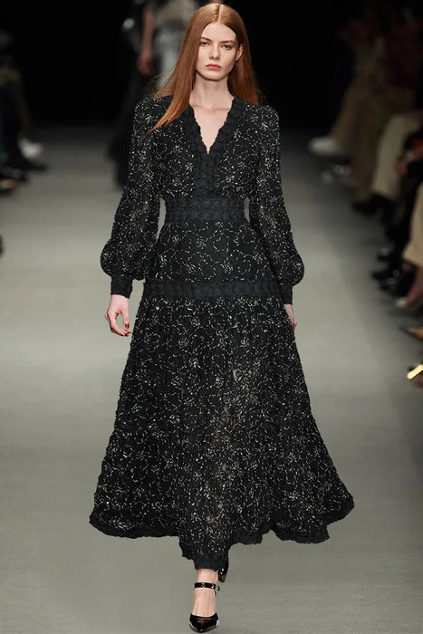 Women Fashion Designer Fall Dress V-neck Lantern Sleeves 3D Embroidered Flower Vintage Party Dresses