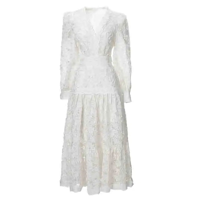 Women Fashion Designer Fall Dress V-neck Lantern Sleeves 3D Embroidered Flower Vintage Party Dresses