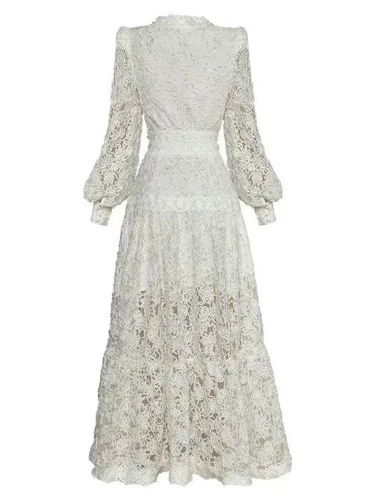 Women Fashion Designer Fall Dress V-neck Lantern Sleeves 3D Embroidered Flower Vintage Party Dresses