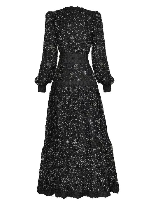 Women Fashion Designer Fall Dress V-neck Lantern Sleeves 3D Embroidered Flower Vintage Party Dresses