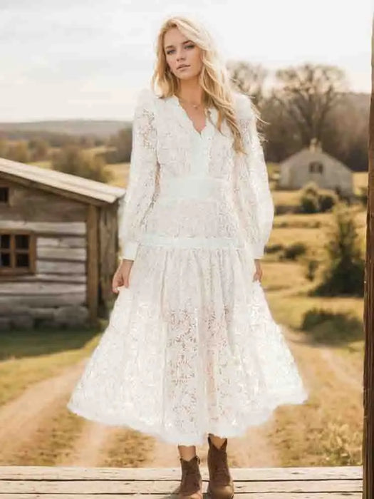 Women Fashion Designer Fall Dress V-neck Lantern Sleeves 3D Embroidered Flower Vintage Party Dresses