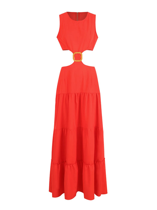 Women O Neck Dress Fit and Flare Long Dress Back Zipper Beachwear Women Hollow Out Party Dresses Casual Summer Clothing