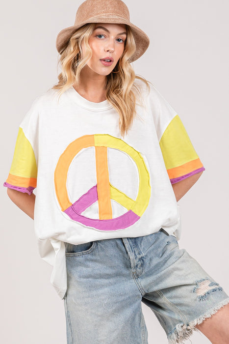 Women's Fashion Tops 2024 Color Block Peace Applique T-Shirt