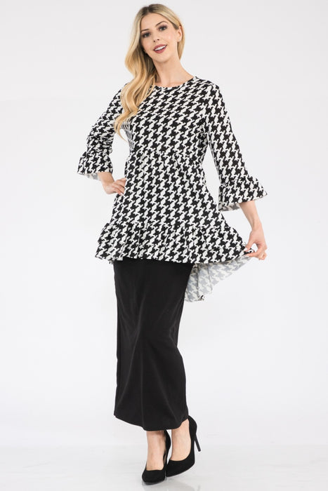 Women's Trendy Tops Houndstooth Flounce Sleeve High-Low Top