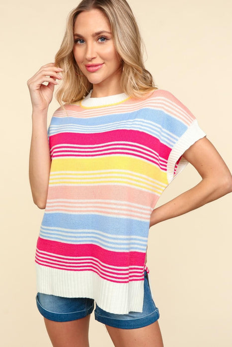 Women's Fashion Tops 2024 Striped Side Slit Short Sleeve Knit Top