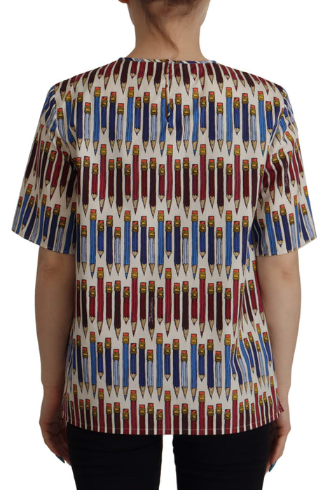 Dolce & Gabbana Chic White Pencil Print Short Sleeve Blouse