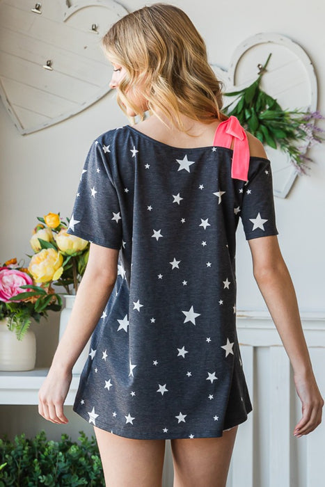 Women's Fashion Tops 2024 Star Print Asymmetrical Neck Short Sleeve Top