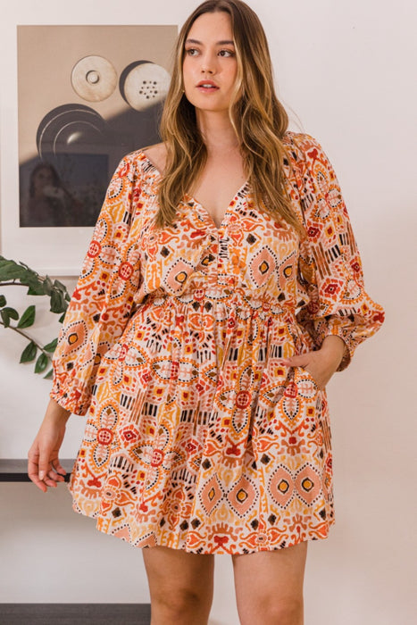 ODDI Printed Ruff Sleeve Romper with Pockets