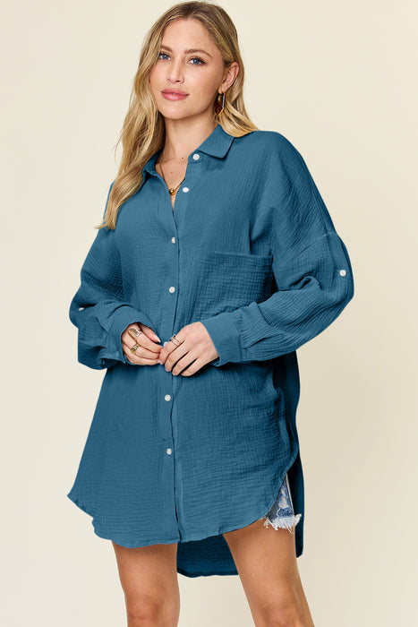 Double Take Pocketed Texture Button Up Shirt