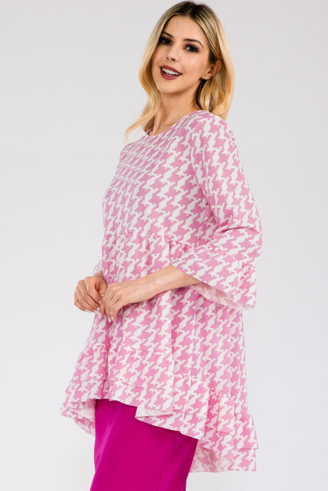 Women's Trendy Tops Houndstooth Flounce Sleeve High-Low Top