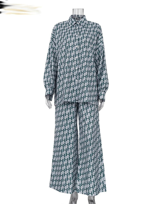 Print 2 Piece Sets Women Outfit Elegant Long Sleeve Shirt With High Waist Wide Pants Set Work Streetwear